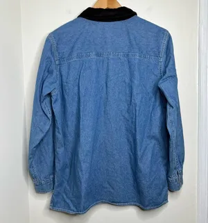VTG Christmas Holiday Denim Button Down Shirt Embroidered Trees SZ Large STAINED thumbnail 9