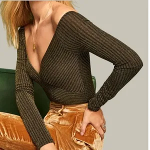 Reformation Gold Metallic Off Shoulder Wrap Crop Top Black Shimmer Long Sleeve S thumbnail 2