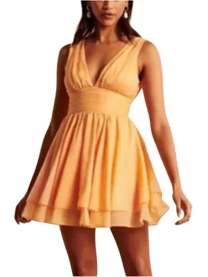 Abercrombie & Fitch Peach V-Neck Tiered Fit and Flare Mini Dress LARGE thumbnail 1