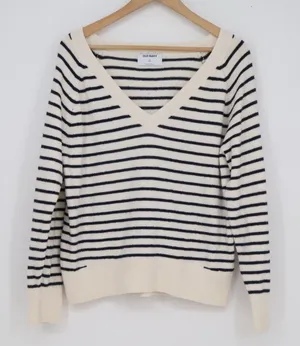 Old Navy SoSoft Striped V-Neck Sweater Cream Navy Blue Small thumbnail 1