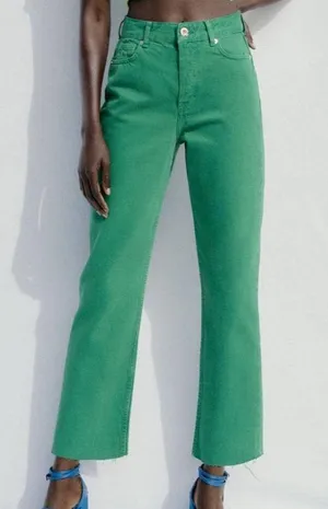 ZARA Green Straight Leg Jeans High-Waisted thumbnail 1