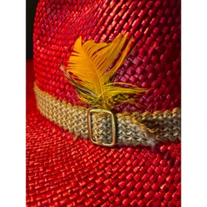 Red Straw Cowboy Hat‎ with Woven Band and Feather Accent Western Style Fedora thumbnail 6