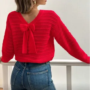 SheIn Women Casual Elegant Bowknot Decor Drop Shoulder Sweater thumbnail 2