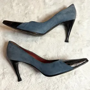 Sergio Rossi Pointed Toe Heals Blue Suede & Embossed Brown Leather Size 37 US 7 thumbnail 7