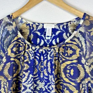 Chico's 2 large chicos Shirt Blue Aztec Bohemian sheer rhinestones festival thumbnail 5