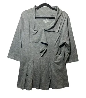 LUR Gray Cowl Neck Tunic Top L 3/4 Sleeve Eco Friendly Pockets Micro‎ Stripe thumbnail 1