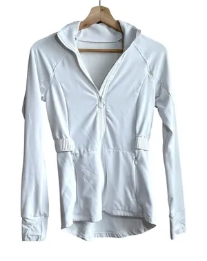 Fabletics white full zip longline jacket women's size small breathable pockets thumbnail 1