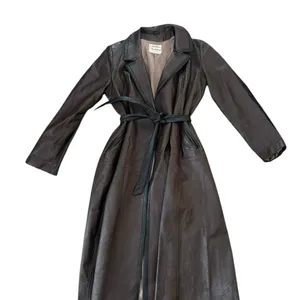 VTG Brown Leather Trench Coat Belted Contrast Trim Minimalist Chic Sz 16 Lined thumbnail 9