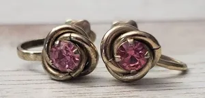 Vintage Screw Back Earrings Dainty Pink Gem with Swirl Halo 3/8" thumbnail 1