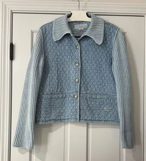 Blue Willi’s Denmark Quilted Denim Jacket Knit Sleeves Button 90s Vintage Large thumbnail 1
