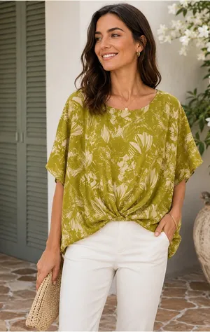Vince Camuto Botanical A-Line Top Green Oasis Shadow Leaf Print Size Small thumbnail 1