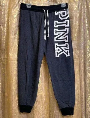 PINK Victorias Secret dark gray/black/white logo comfy sweatpants, size S GUC thumbnail 1