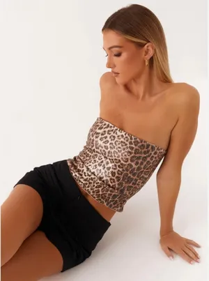 Peppermayo Leopard Print Sequin Tube‎ Top Strapless Brown Gold Womens 12 Large thumbnail 1