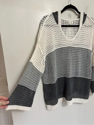 POL Neutral Colorblock Oversized Open Knit Beach Sweater Hoodie - Size M thumbnail 3