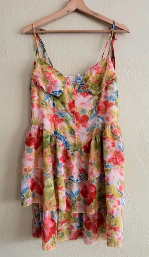 Cider Floral Tie-Strap Tiered Mini Dress in Pink, Green & Blue thumbnail 1