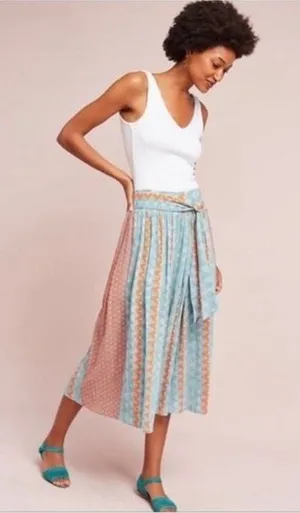 Feather Bone Anthropologie Wide Leg Pants Womens M Blue Orange Geometric Tie thumbnail 1