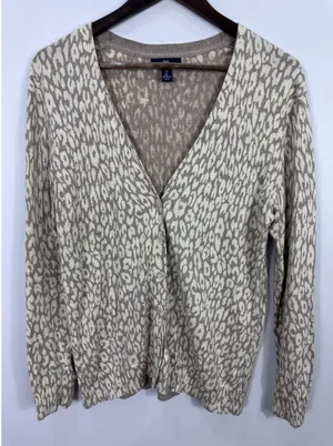 Gap Cardigan Sweater Womens Large Tan‎ Leopard Print Cotton V-Neck Button Front thumbnail 1