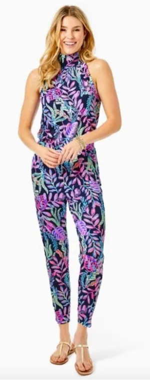Lilly Pulitzer Wyota Tropical Jungle Blue Purple Jumpsuit Size Large thumbnail 1
