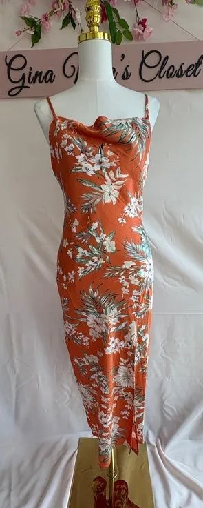Paper Heart Women's Floral Midi Dress, Size Small, Orange with White and Green thumbnail 1