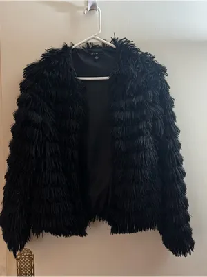 Blue blush Bambi faux fur fringe black jacket NWOT size small thumbnail 3
