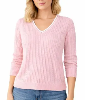 Lauren Ralph Lauren 100% cotton pink cableknit vneck sweater M thumbnail 1