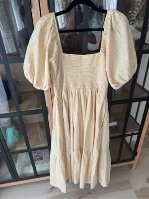 Abercrombie Emerson midi dress linen puff short sleeve butter pockets squareneck thumbnail 10