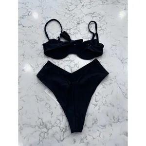 NEW Quince Black Italian Demi Bikini To o& V Cut High Leg Bottom Set Size XS thumbnail 2