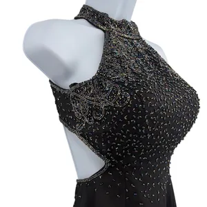 Y2K Beaded Halter Prom Dress Sz 0 Open Back Glam Vampy Gala Formal Full Length thumbnail 2