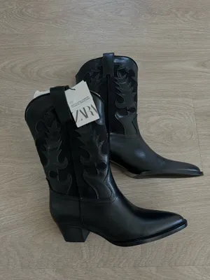 Zara Black faux Leather style Western cowboy ankle heeled Boots thumbnail 10