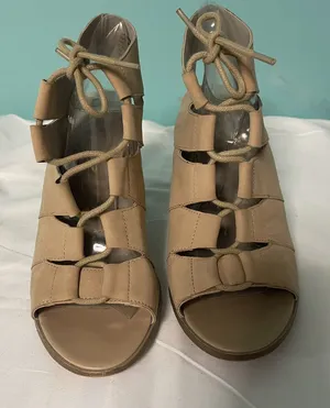 Hinge Beige‎ Suede Lace-up Open-toe Block Heel Shoes Women Size 7.5 S-356 thumbnail 1