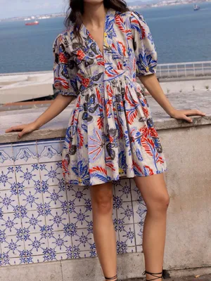 Oliphant Design V-Neck Puff Sleeve Mini Dress Chennai Cobalt Size XS thumbnail 1