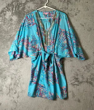 Lilly Pulitzer Wilda Cover Up Dress Small Blue Beaded Tie Waist Resort Swim Silk thumbnail 1