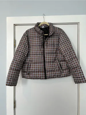 Time and Tru Brown White Black Check Plaid Cropped Puffer Jacket large thumbnail 2