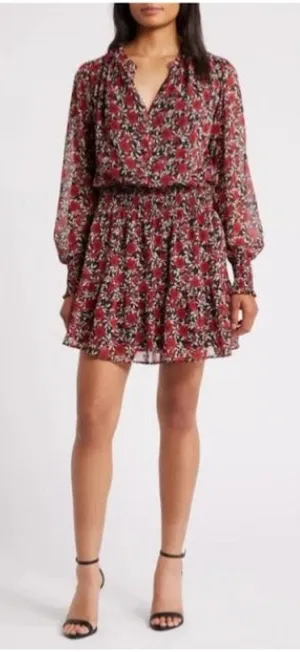 Socialite Floral Chiffon Mini Dress XS Red Black Long Sleeve Smocked Waist NWT thumbnail 1