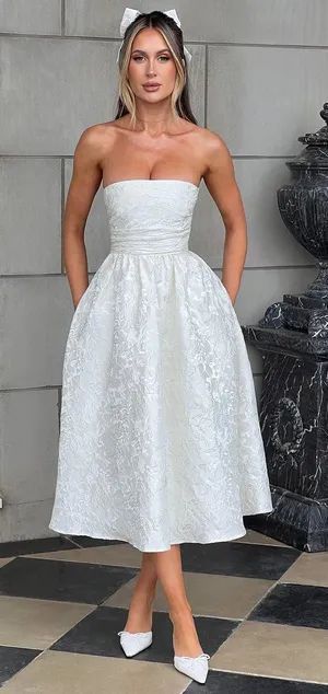 NWT Babyboo Saoirse Ivory Floral Jacquard Strapless Fit & Flare Midi Dress Sz S thumbnail 1
