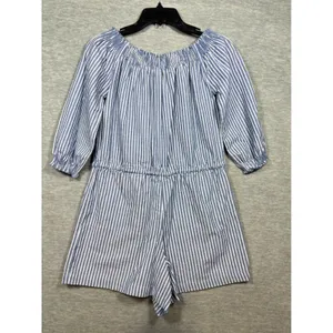 Mudpie Blue Stripe Short Romper Off Shoulder Womens S‎ Summer Beach Casual Cute thumbnail 6