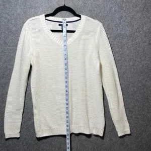 Tommy Hilfiger White V-Neck Cotton Knit Sweater‎ Womens Large Textured Pullover thumbnail 4