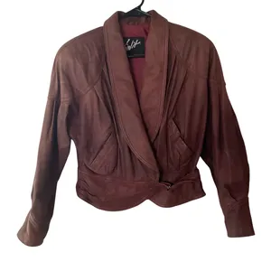 Vintage 80s Winlit Burgundy Leather Wrap Jacket Belted Power Shoulders M thumbnail 3