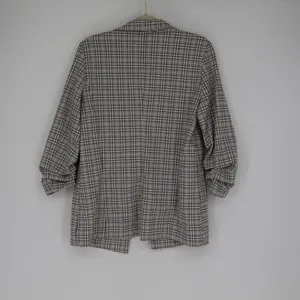 Rachel Zoe Blazer Women's Medium Grey White Open Ruched Sleeve Plaid Classic thumbnail 9