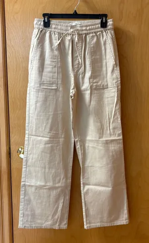 MNG Mango Wide Leg Pants Women Size S Beige Cotton Drawstring Utility Trousers thumbnail 1