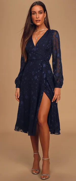 Lulus Evening of Elegance Navy Blue Floral Jacquard Wrap Midi Dress thumbnail 1