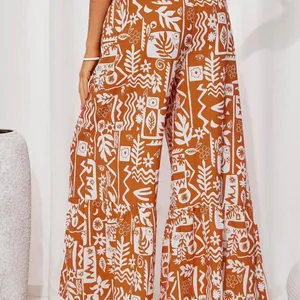 Orange White Abstract Print Wide Leg Tie Waist Ruffle Hem Pants Summer Holiday thumbnail 3