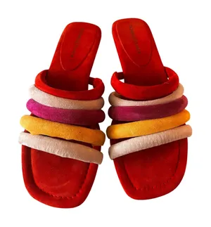 Donald J. Pliner Kip Slide Sandals 8 Red Multi Suede Rainbow Multi-Strap Shoes thumbnail 1