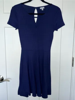 Navy Ribbed Keyhole Mini Dress Blue Size XS thumbnail 1