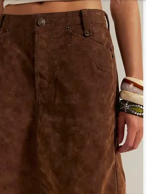 NWT Free People Suzy Chocolate Suede-Look Brown Midi Skirt A-Line Skirt Size 25 thumbnail 2