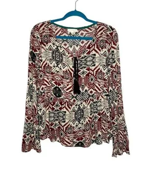 Coco +Jaimeson Boho Tassel Tie Neck Flare Sleeve Blouse thumbnail 1