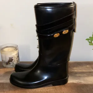Coach Trisha Tall Rubber Rain Boots With Gold Buttons & Leather Size 9M thumbnail 7