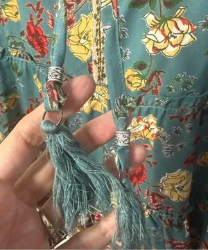 Lola P Tunic Top Womens L Floral Babydoll Peasant Boho Blouse Tassel Tie Tiered thumbnail 4