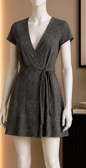 Gilli Women Wrap Dress Gray Plaid Short Sleeve Ribbed V-Neck Small thumbnail 1