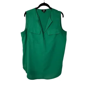 Jones New York Signature Blouse Womens L Green V-Neck Sleeveless Pocket thumbnail 2